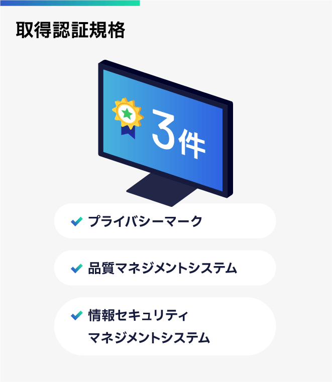 Acquired certification standards are "Privacy Mark", "Quality Management System", and "Information Security Management System"